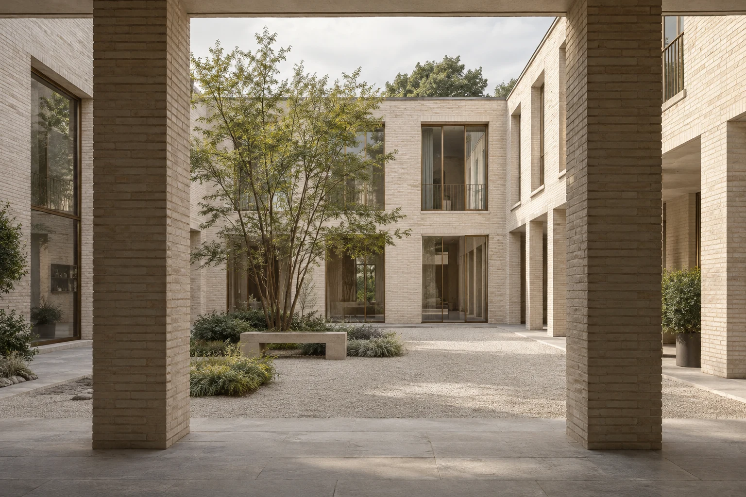 Generated architectural study of a pale-brick courtyard with a colonnade, a tree and tall windows