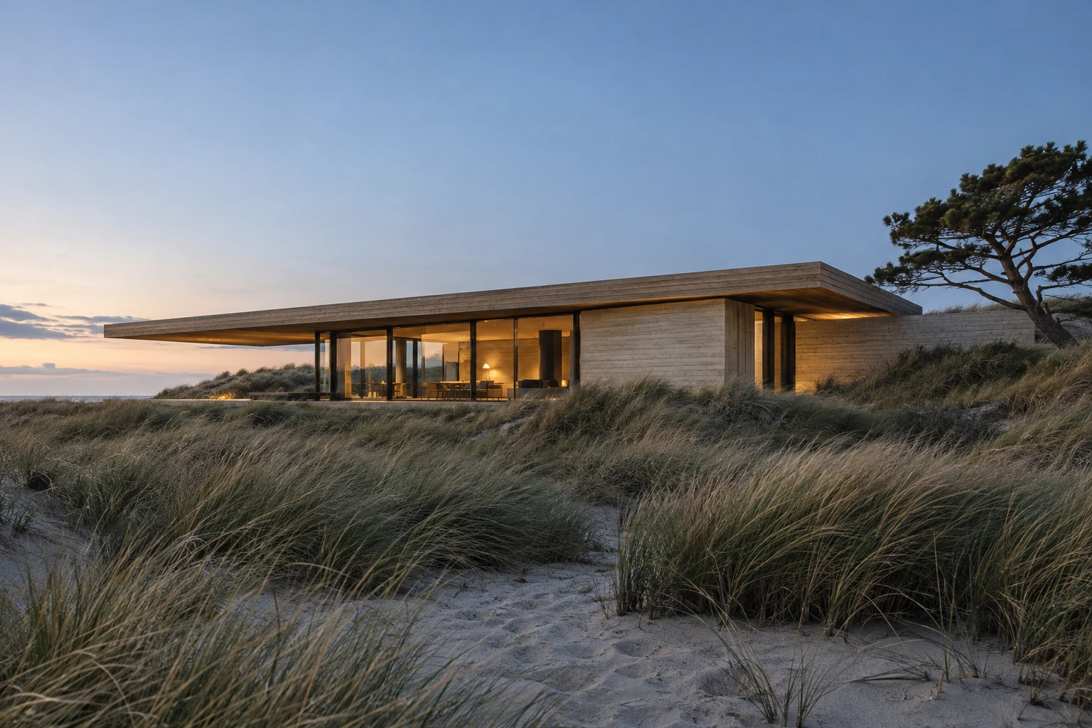 Generated architectural study of a low timber-and-concrete house with a broad roof overhang and warm interior light among dune grasses