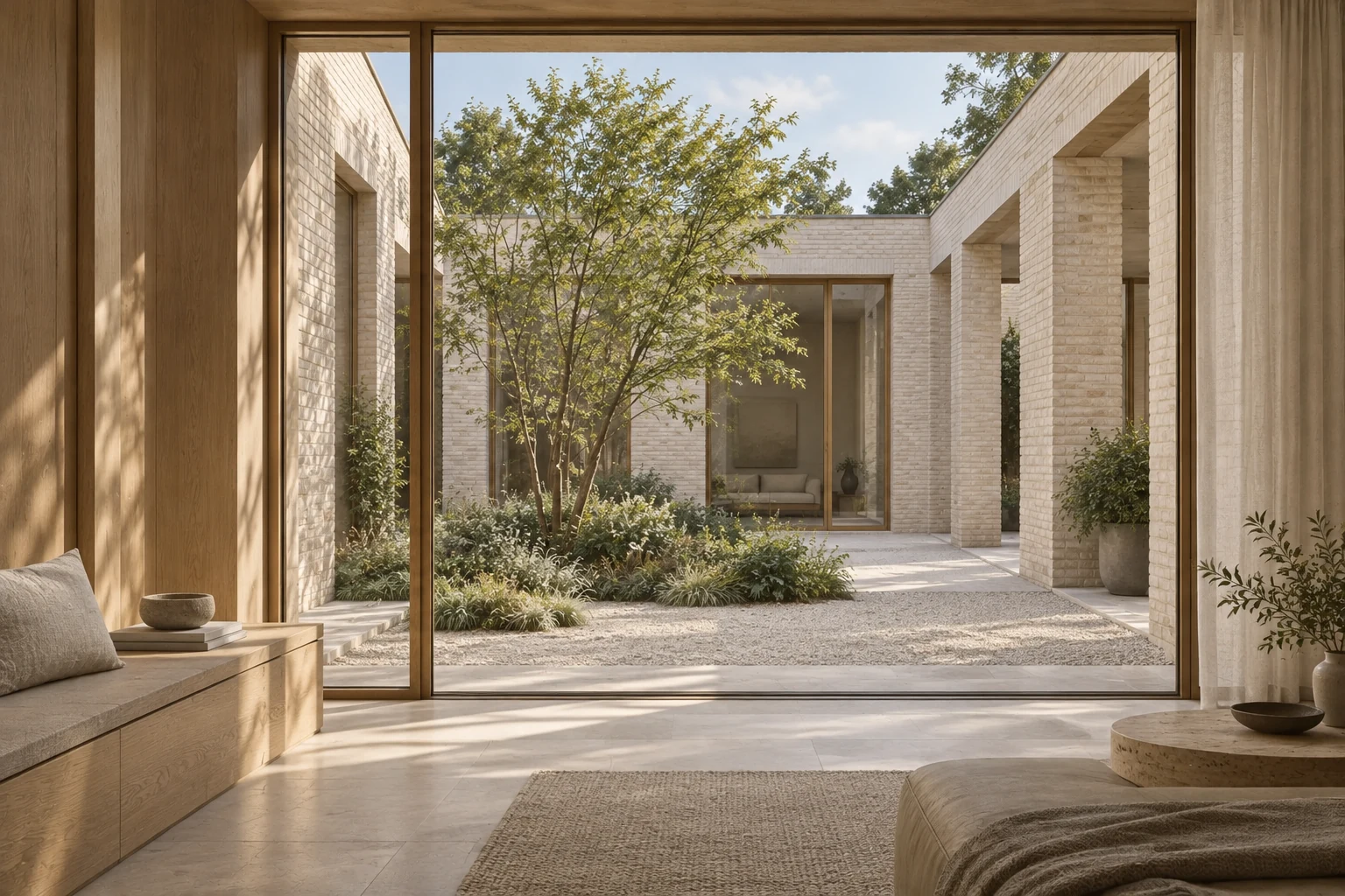 Generated interior study with an oak window seat and a large window looking onto a tree in a pale-brick courtyard