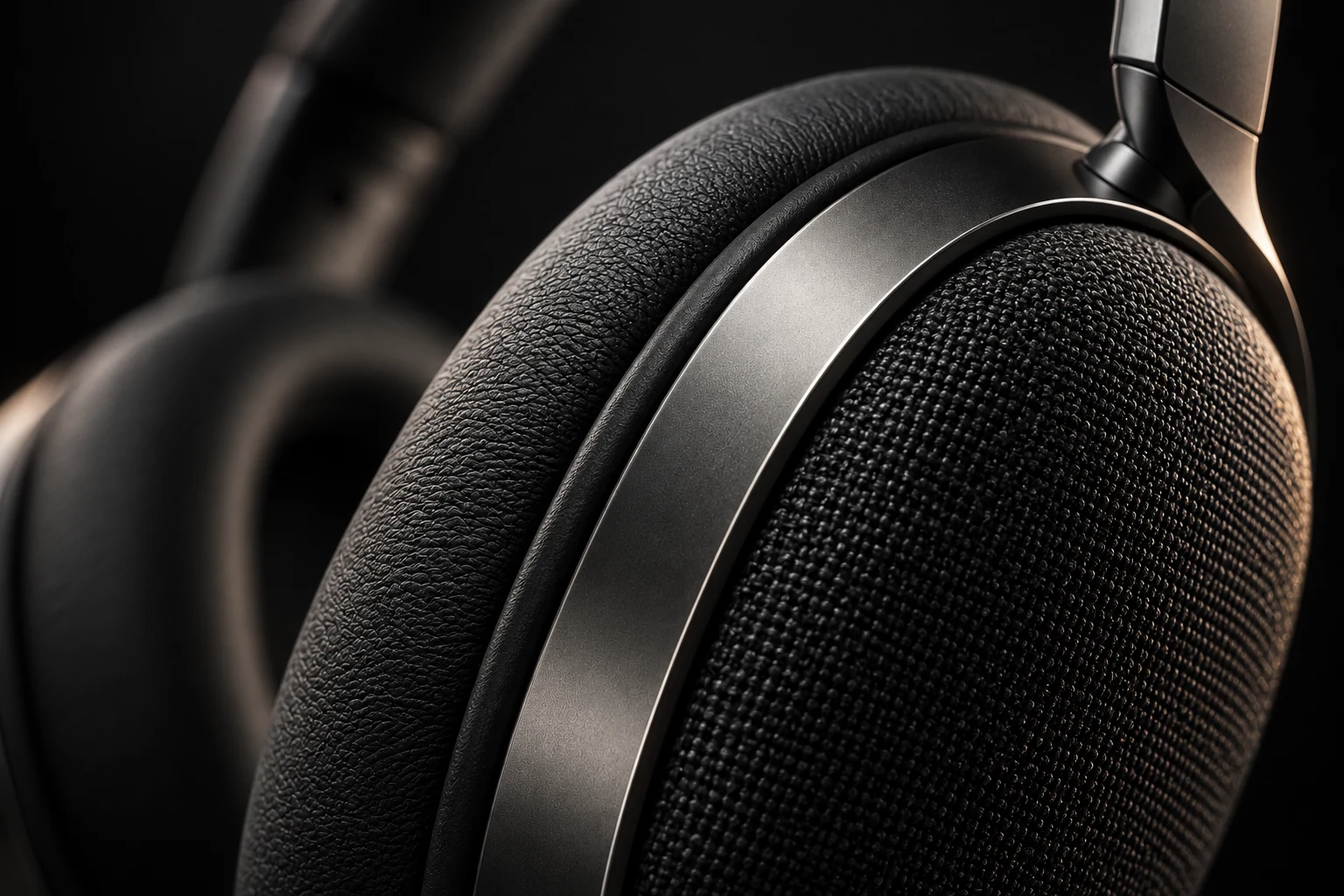 Generated close-up of the dark weave, metal rim and soft headphone cushion.