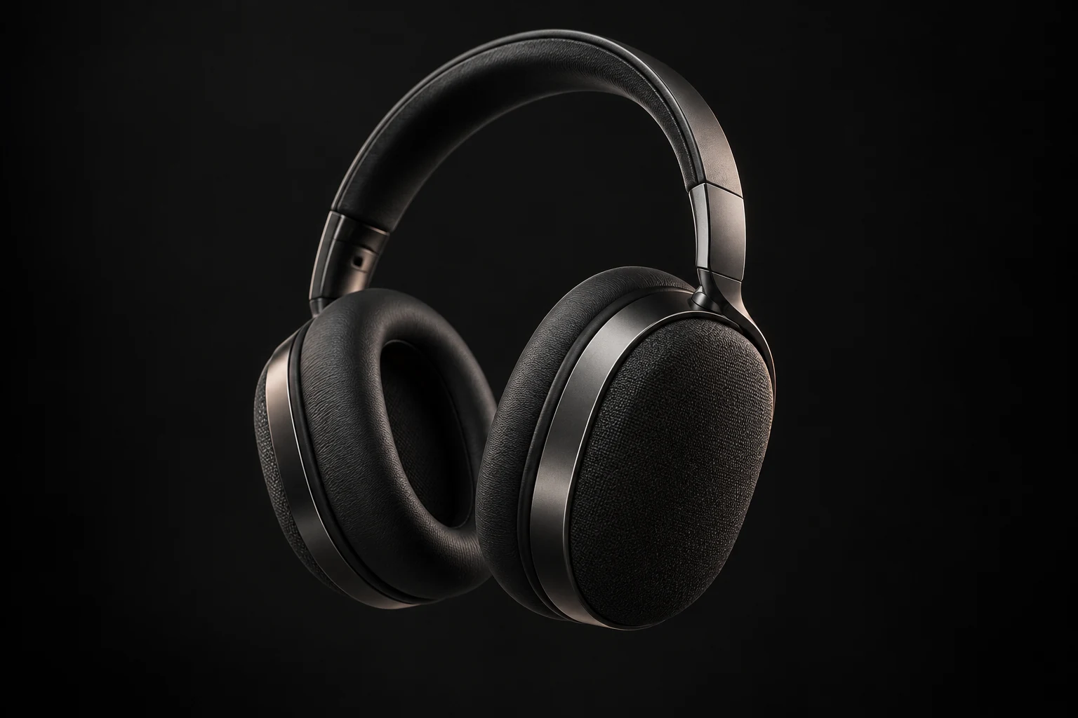 Generated design of graphite headphones with woven earcups and machined metal edges.