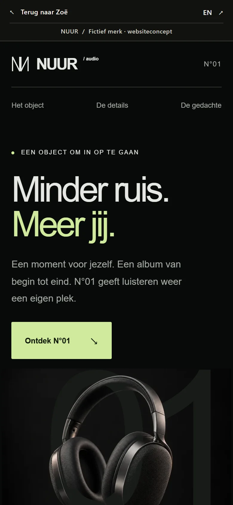 Dezelfde NUUR-homepage op een telefoon, met een aangepaste indeling.