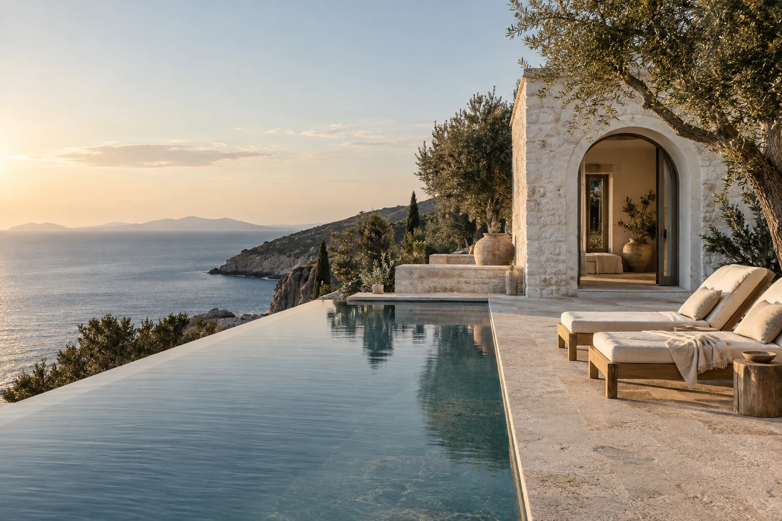 Generated image of a pale limestone retreat and an infinity pool overlooking the sea at sunset.