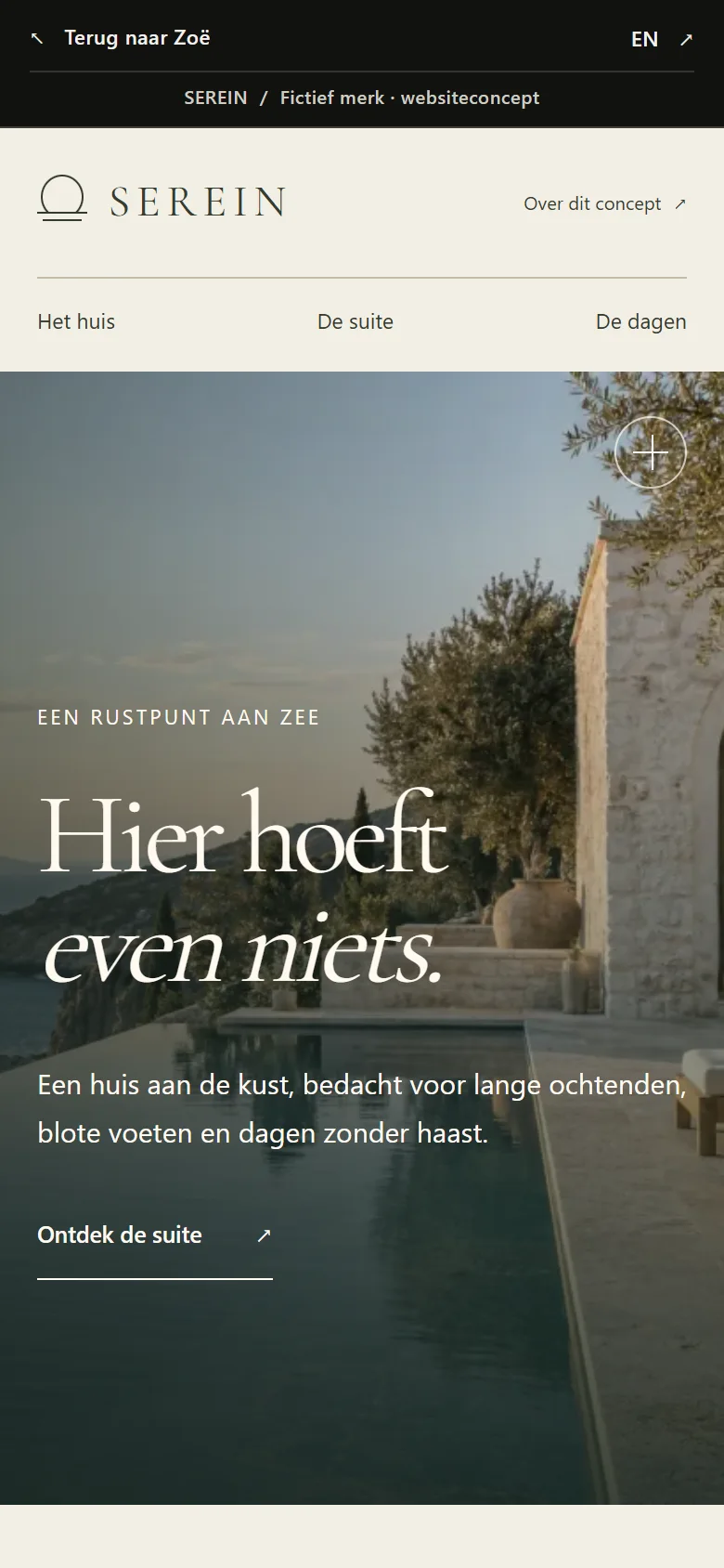 Dezelfde SEREIN-homepage op een telefoon, met een aangepaste indeling.