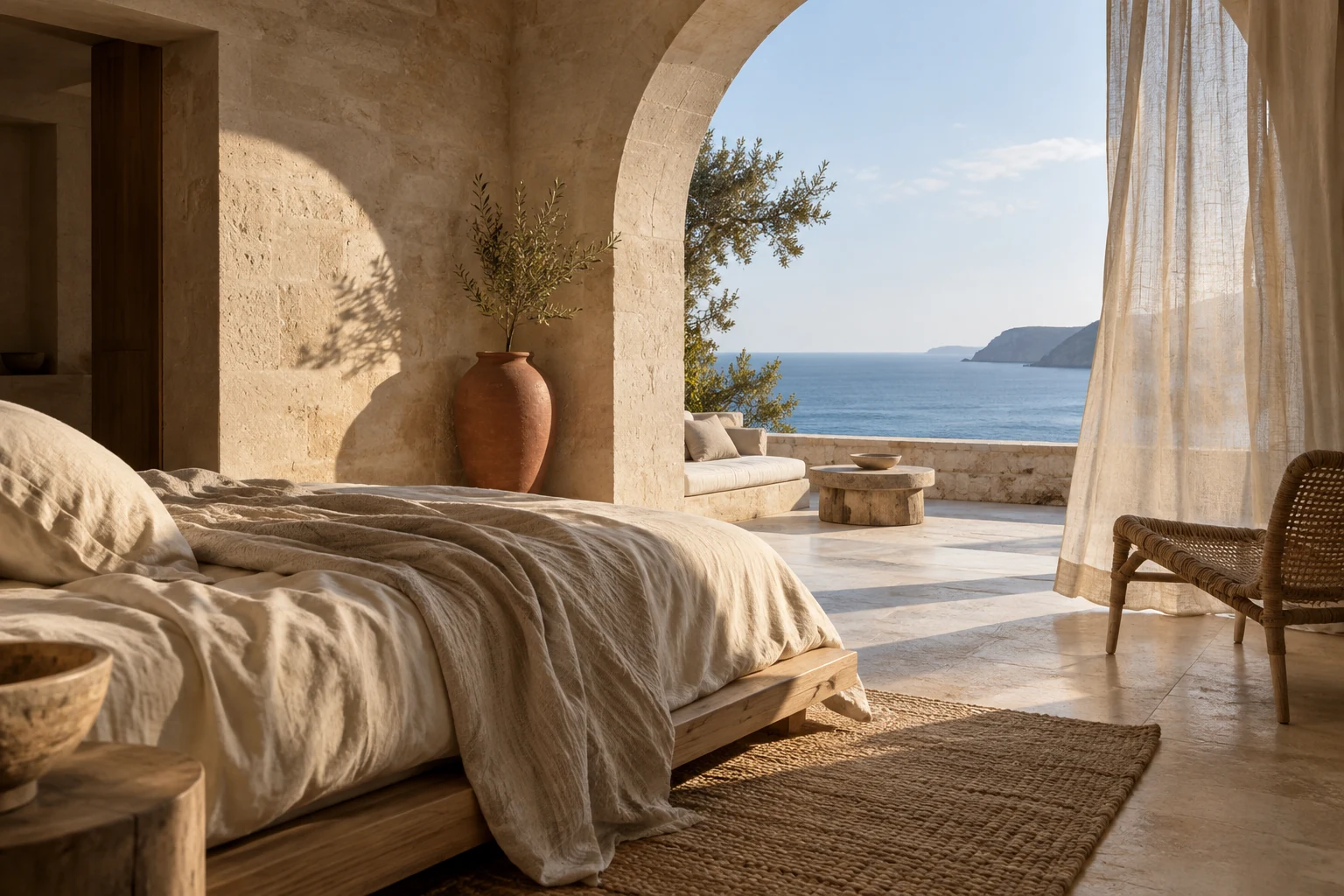 Generated image of a bedroom with linen bedding and an arched opening onto a sea-facing terrace.